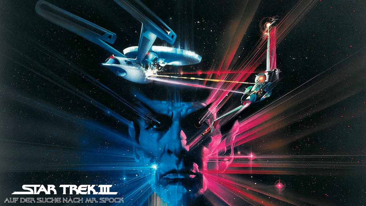 Kinoposter zu Star Trek III, stilisierte Ansicht von Spock, hinter der Enterprise und klingonischem Bird of Prey