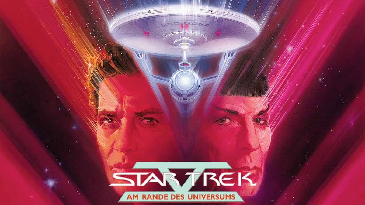 Filmposter zu Star Trek V, mit Kirk, Spock und der Enterprise hinter dem Schriftzug