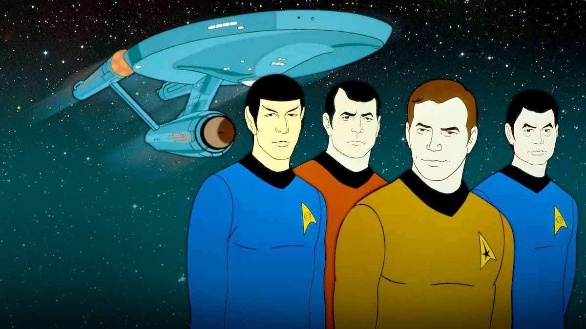 Kollage der animierten Versionen von Spock, Scotty, Kirk, McCoy und die USS Enterprise
