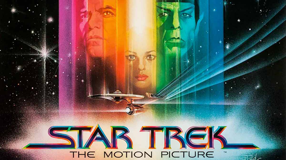 gemaltes Filmposter zu Star Trek, Kirk, Ilia und Spock über der Enterprise